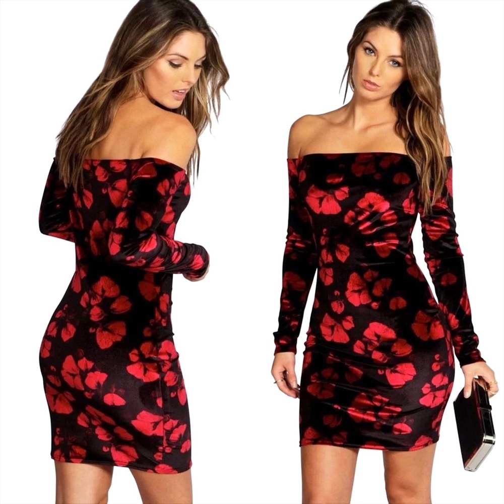 Velvet Red Floral Off-Shoulder Dress US Size 4